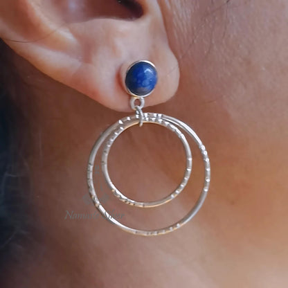 Lapis Lazuli Earrings, 925 Sterling Silver Double Hoop Earrings, Natural Blue Round Gemstone Handmade Dangle Earrings, Unique Gift for her