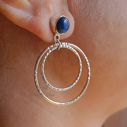 Lapis Lazuli Earrings, 925 Sterling Silver Double Hoop Earrings, Natural Blue Round Gemstone Handmade Dangle Earrings, Unique Gift for her