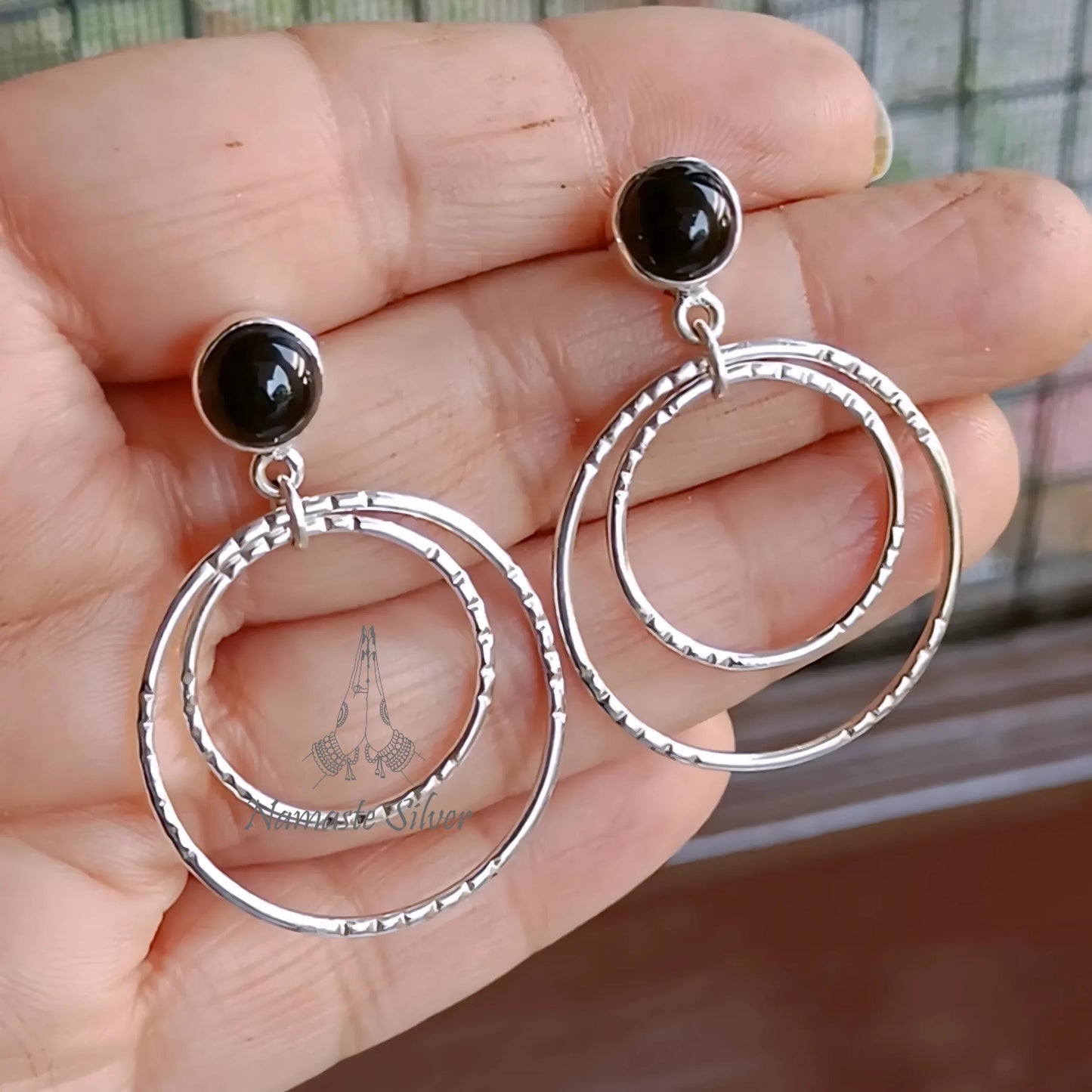 Black Onyx Earrings, 925 Sterling Silver Double Hoop Earrings, Natural Onyx Round Gemstone Handmade Dangle Earrings, Unique Gift for her