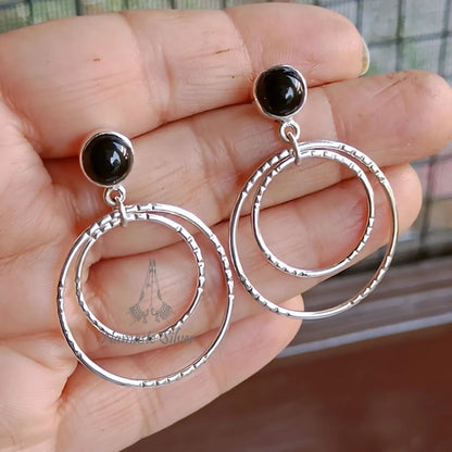 Black Onyx Earrings, 925 Sterling Silver Double Hoop Earrings, Natural Onyx Round Gemstone Handmade Dangle Earrings, Unique Gift for her
