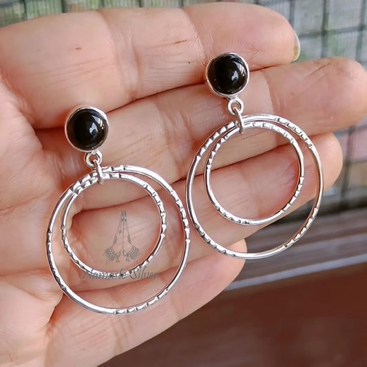 Black Onyx Earrings, 925 Sterling Silver Double Hoop Earrings, Natural Onyx Round Gemstone Handmade Dangle Earrings, Unique Gift for her