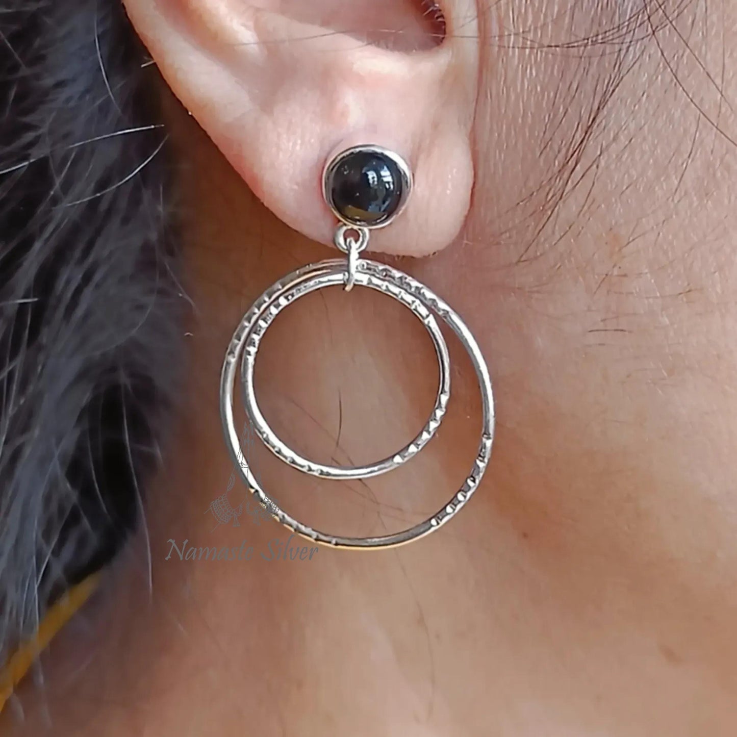 Black Onyx Earrings, 925 Sterling Silver Double Hoop Earrings, Natural Onyx Round Gemstone Handmade Dangle Earrings, Unique Gift for her