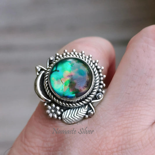 Abalone Shell Ring, 925 Sterling Silver Statement Promise Ring, Natural Paua Shell Round Doublet Handmade Jewelry, Elegant Gift for Her