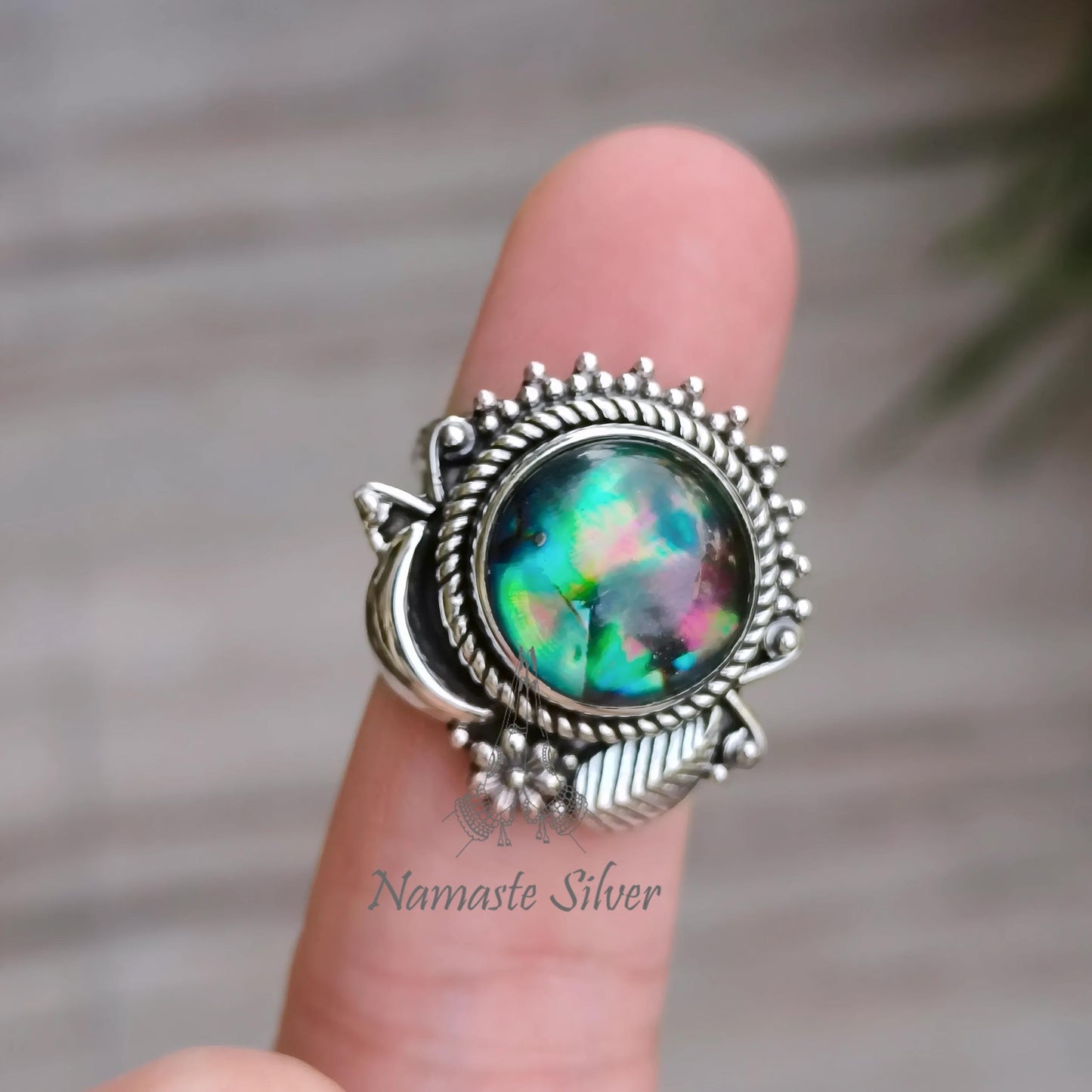 Abalone Shell Ring, 925 Sterling Silver Statement Promise Ring, Natural Paua Shell Round Doublet Handmade Jewelry, Elegant Gift for Her