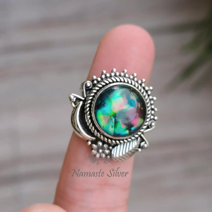 Abalone Shell Ring, 925 Sterling Silver Statement Promise Ring, Natural Paua Shell Round Doublet Handmade Jewelry, Elegant Gift for Her