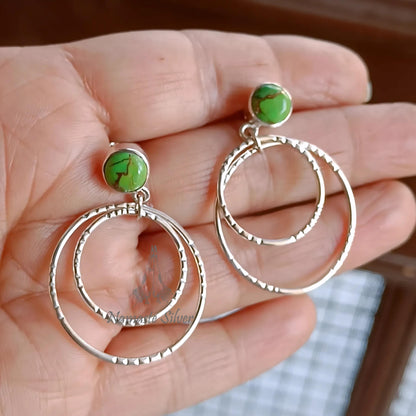 Green Turquoise Earrings, Sterling Silver Dangle Earrings, Green Copper Turquoise Round Handmade Jewelry, Double Hoop Earrings, Gift for her
