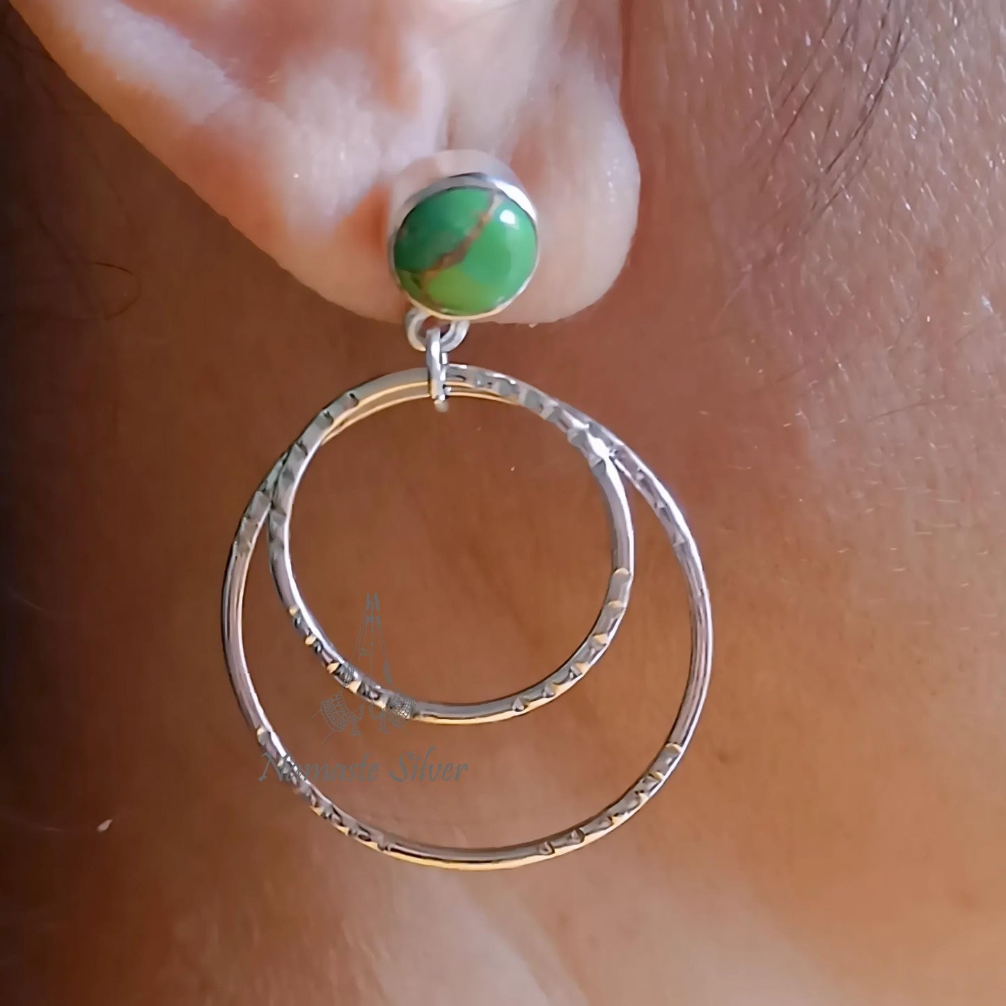 Green Turquoise Earrings, Sterling Silver Dangle Earrings, Green Copper Turquoise Round Handmade Jewelry, Double Hoop Earrings, Gift for her