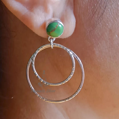 Green Turquoise Earrings, Sterling Silver Dangle Earrings, Green Copper Turquoise Round Handmade Jewelry, Double Hoop Earrings, Gift for her