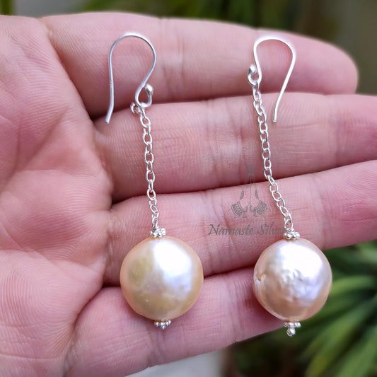 Coin Pearl Earrings, 925 Sterling Silver Dangle Earrings, Genuine Pink Peach Freshwater Coin Pearls Handmade Jewelry, Unique Gift for her