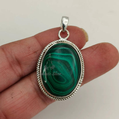 Malachite Pendant, 925 Sterling Silver Pendant, April May Birthstone, Natural Malachite Oval Gemstone Handmade Jewelry, Unique Gift For Her