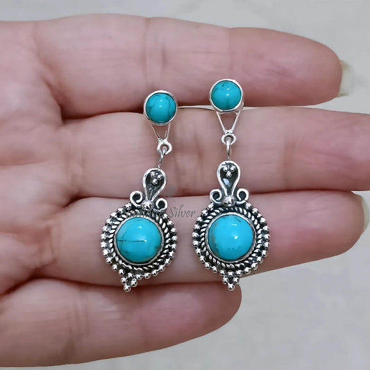 Turquoise Earrings, Sterling Silver Convertible Dangle & Stud Earrings Design, Natural Blue Turquoise Round Gemstone Jewelry, Gift For Her