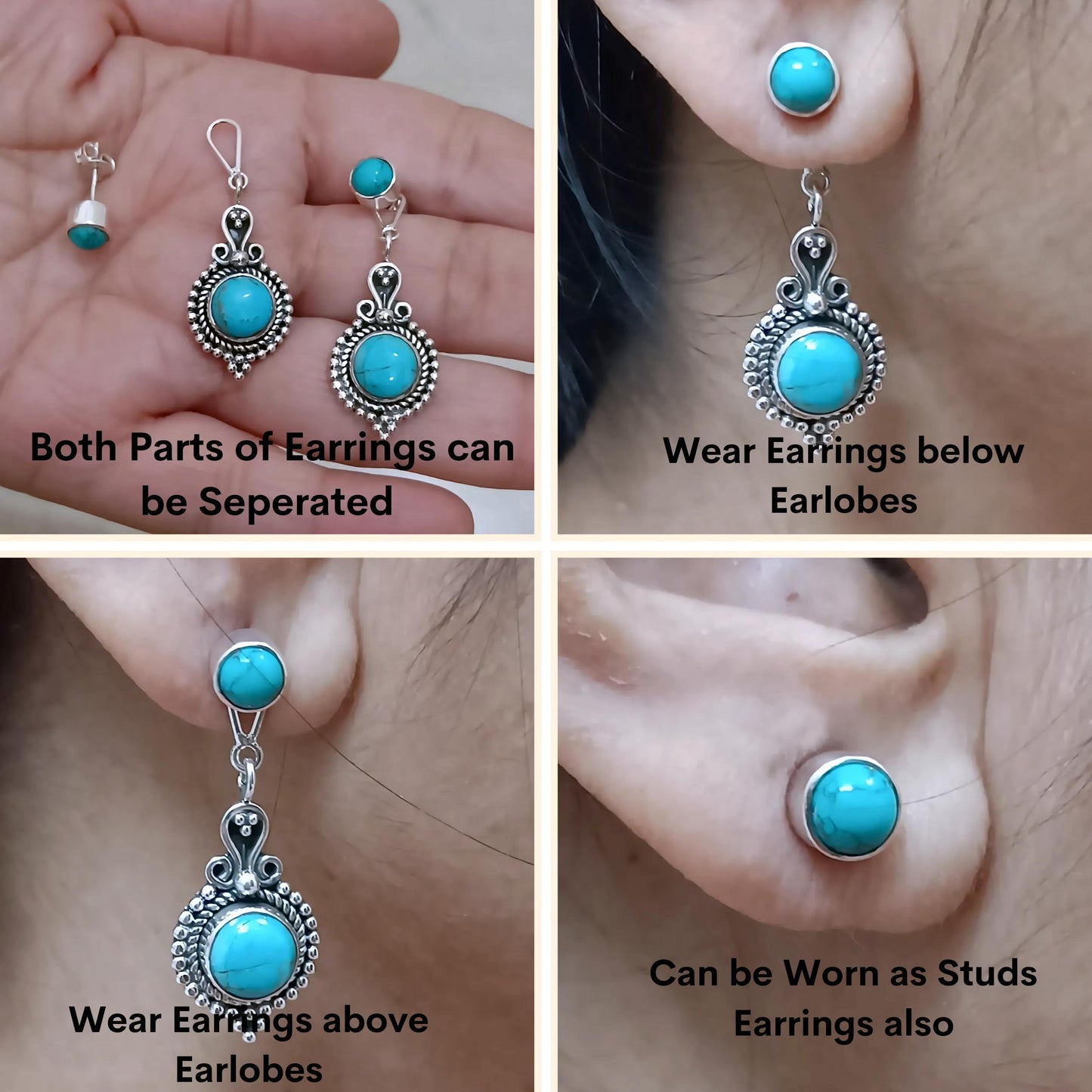 Turquoise Earrings, Sterling Silver Convertible Dangle & Stud Earrings Design, Natural Blue Turquoise Round Gemstone Jewelry, Gift For Her