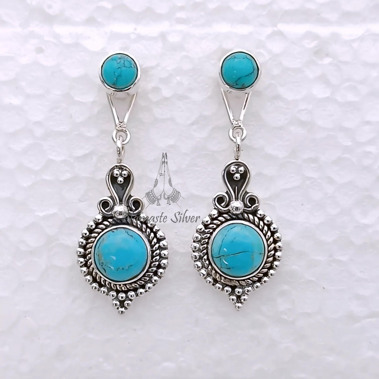 Turquoise Earrings, Sterling Silver Convertible Dangle & Stud Earrings Design, Natural Blue Turquoise Round Gemstone Jewelry, Gift For Her