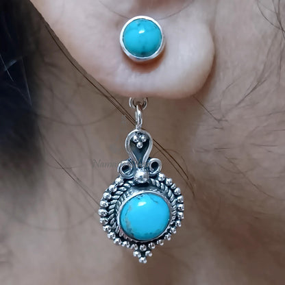 Turquoise Earrings, Sterling Silver Convertible Dangle & Stud Earrings Design, Natural Blue Turquoise Round Gemstone Jewelry, Gift For Her