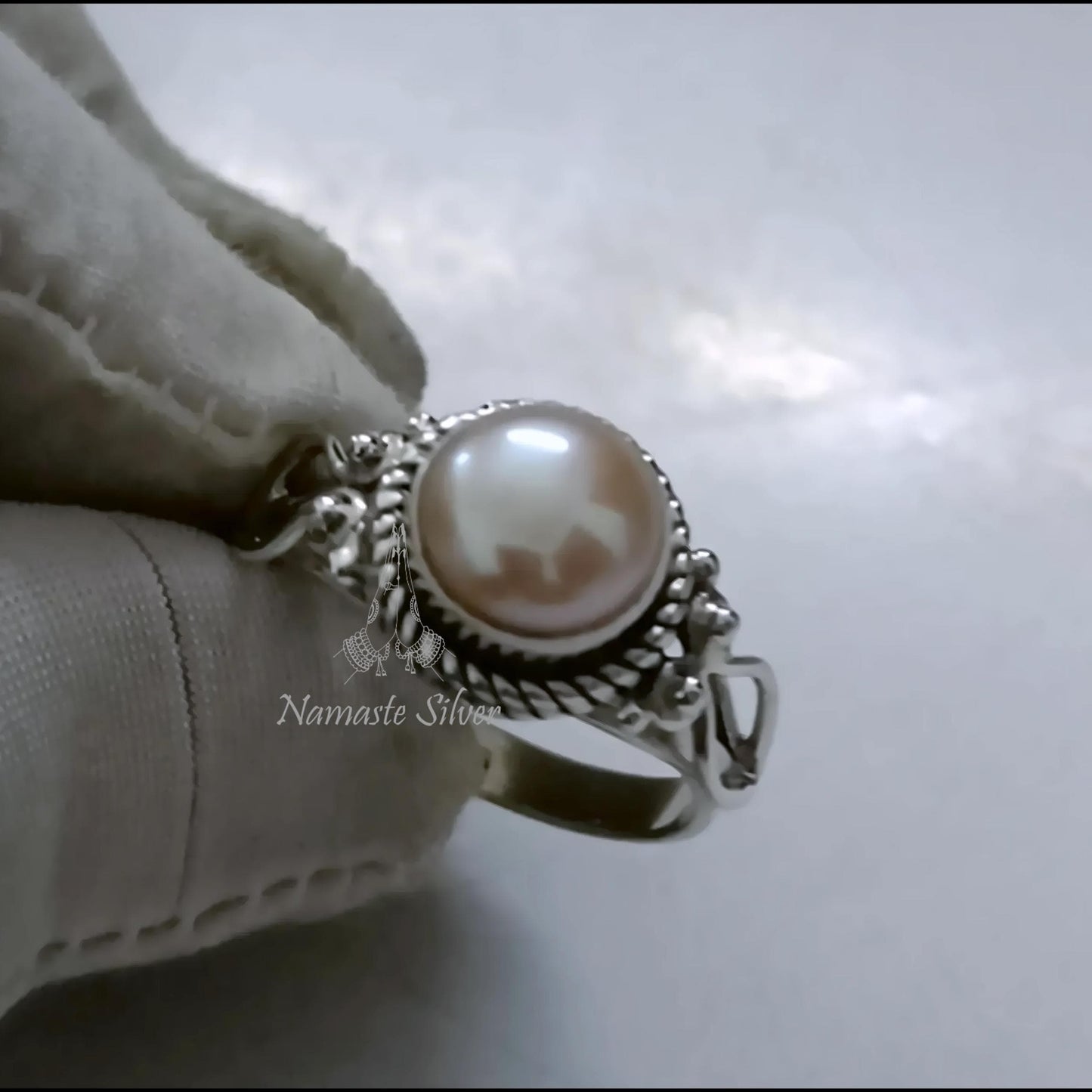 Pearl Ring, 925 Sterling Silver Peach Pearl Promise Ring for Women, Freshwater Peach Pearl Handmade Jewelry, June Birthstone, Gift For Her