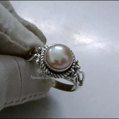 Pearl Ring, 925 Sterling Silver Peach Pearl Promise Ring for Women, Freshwater Peach Pearl Handmade Jewelry, June Birthstone, Gift For Her