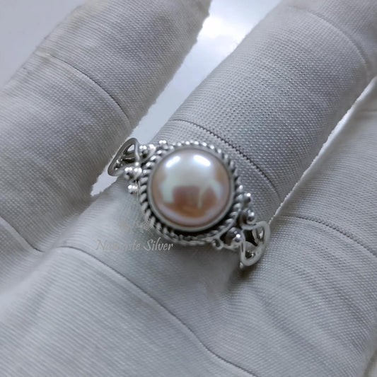 Pearl Ring, 925 Sterling Silver Peach Pearl Promise Ring for Women, Freshwater Peach Pearl Handmade Jewelry, June Birthstone, Gift For Her