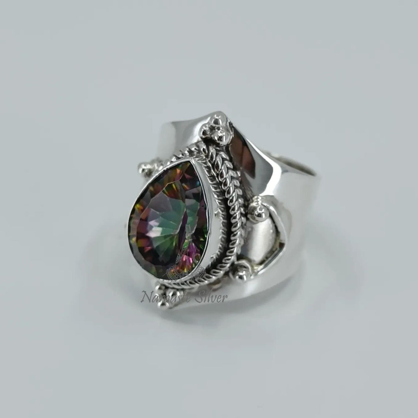 Aurora Mystic Topaz Ring, Handmade 925 Sterling Silver Statement Jewelry, Pear Shape Topaz Birthstone Ring, November Birthstone Gift for Her
