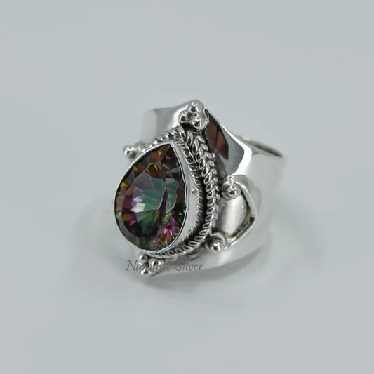 Aurora Mystic Topaz Ring, Handmade 925 Sterling Silver Statement Jewelry, Pear Shape Topaz Birthstone Ring, November Birthstone Gift for Her
