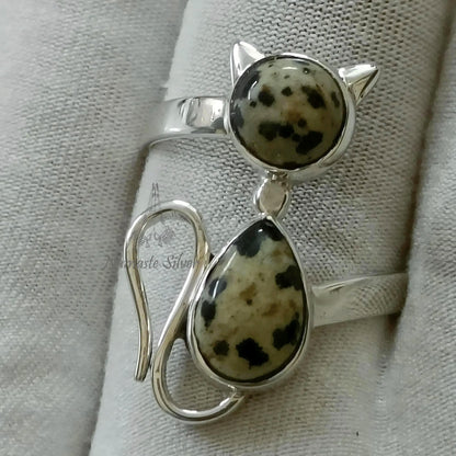 Dalmatian Jasper Cat Ring, 925 Sterling Silver Promise Ring, Natural Jasper Dual Gemstone Handmade Kitty Jewelry, Unique Gift for Cat Lovers