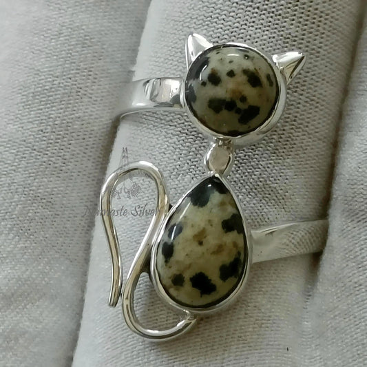 Dalmatian Jasper Cat Ring, 925 Sterling Silver Promise Ring, Natural Jasper Dual Gemstone Handmade Kitty Jewelry, Unique Gift for Cat Lovers