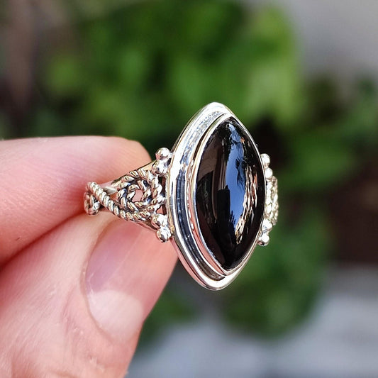 Black Onyx Ring, 925 Sterling Silver Promise Ring, Natural Black Onyx Marquise Gemstone Handmade Boho Jewelry, July Birthstone, Gift For Her