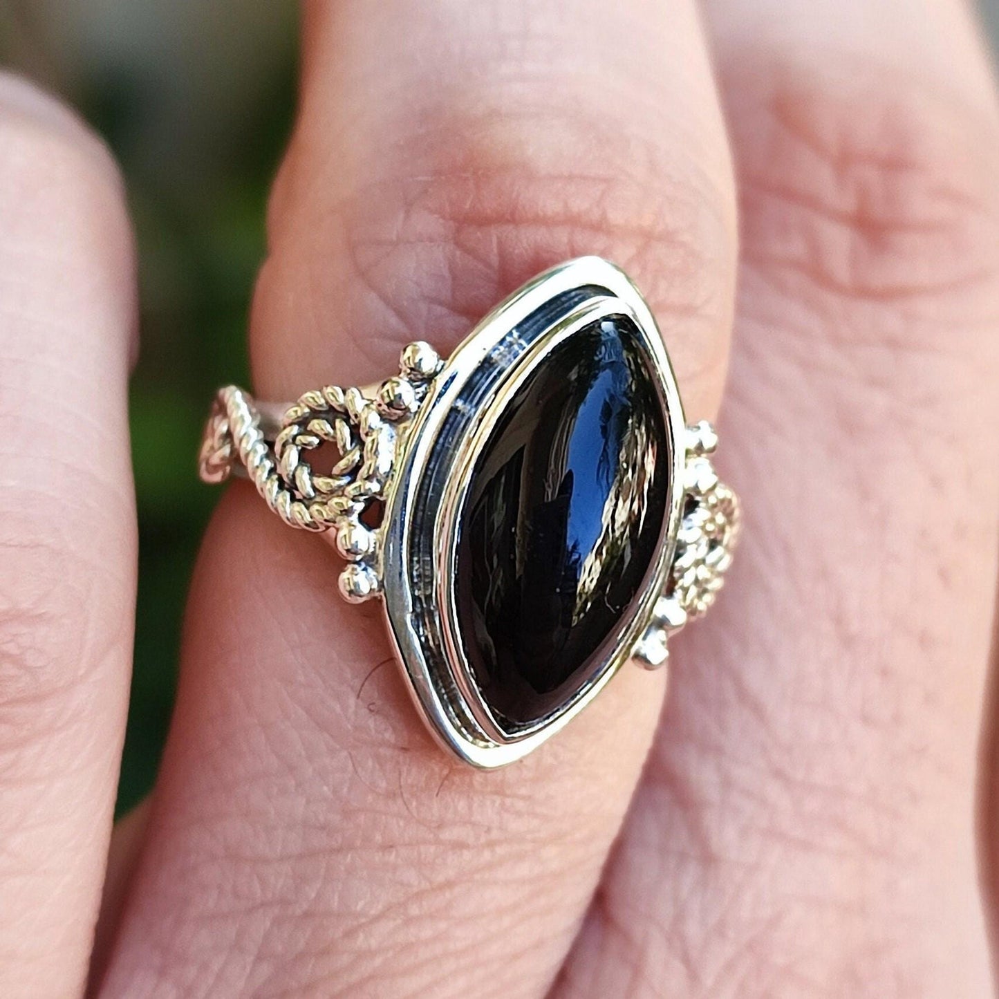 Black Onyx Ring, 925 Sterling Silver Promise Ring, Natural Black Onyx Marquise Gemstone Handmade Boho Jewelry, July Birthstone, Gift For Her