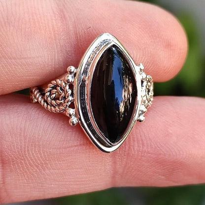 Black Onyx Ring, 925 Sterling Silver Promise Ring, Natural Black Onyx Marquise Gemstone Handmade Boho Jewelry, July Birthstone, Gift For Her