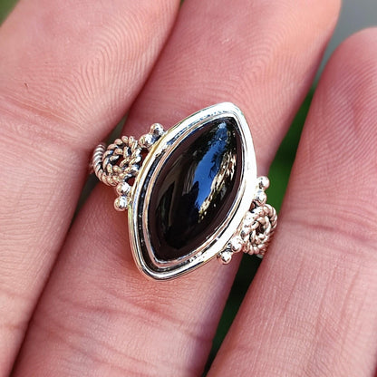Black Onyx Ring, 925 Sterling Silver Promise Ring, Natural Black Onyx Marquise Gemstone Handmade Boho Jewelry, July Birthstone, Gift For Her