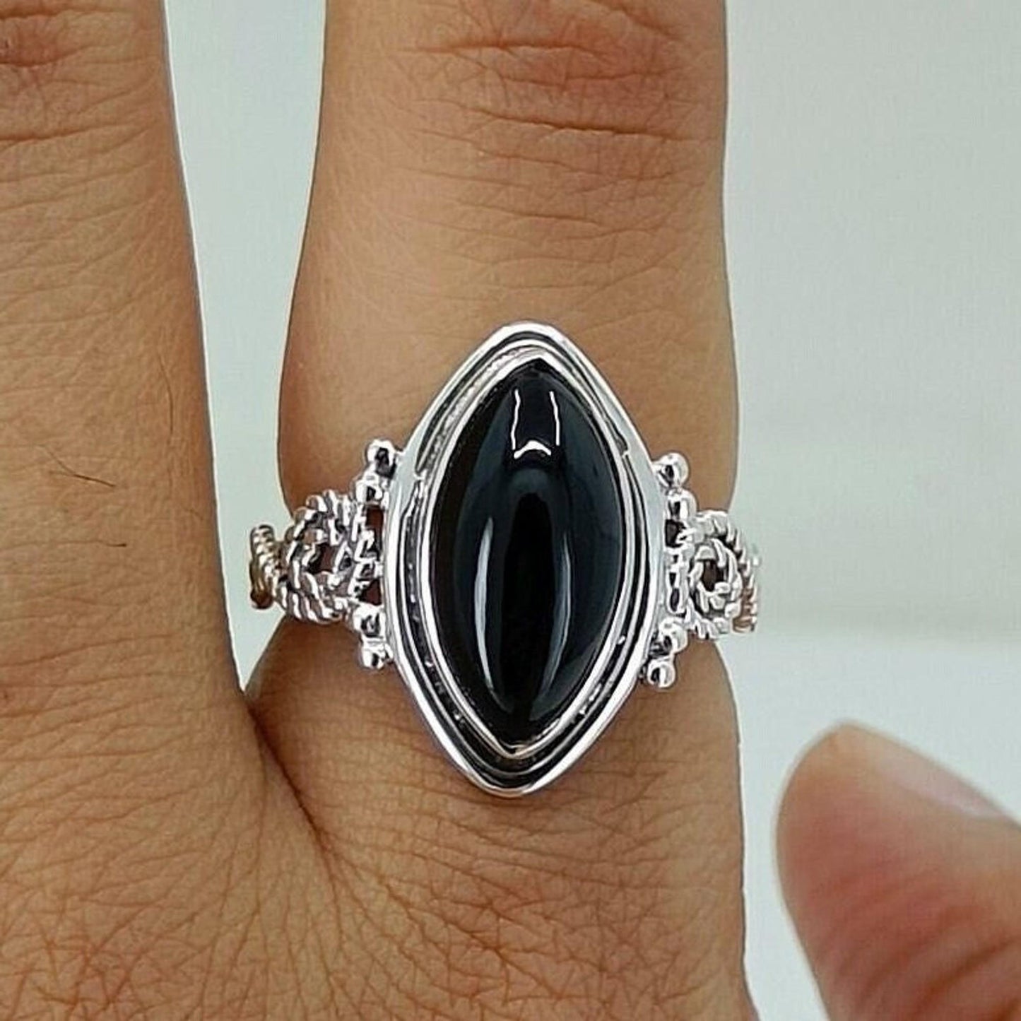 Black Onyx Ring, 925 Sterling Silver Promise Ring, Natural Black Onyx Marquise Gemstone Handmade Boho Jewelry, July Birthstone, Gift For Her
