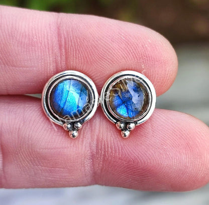 Labradorite Stud Earrings, 925 Sterling Silver Handmade Ear Post, Natural Labradorite Round Gemstone  Stud Earrings, Birthstone Gift for Her