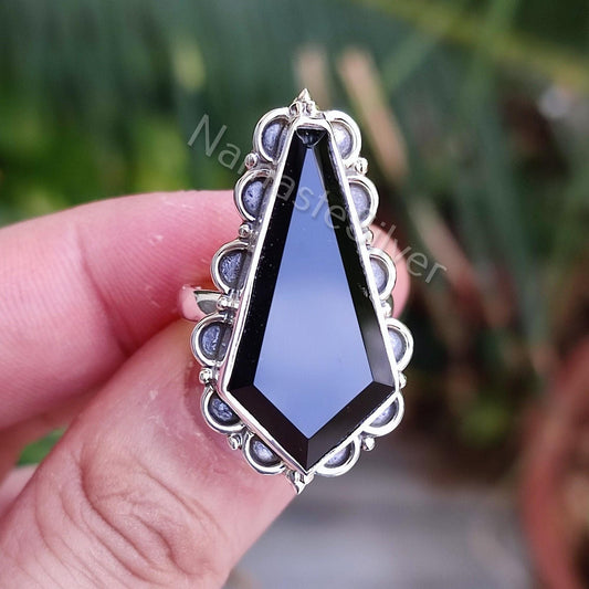 Black Onyx Coffin Ring, 925 Sterling Silver Handmade Gothic Ring, Natural Black Gemstone Coffin Boho Jewelry, Halloween Witch Gift For Her