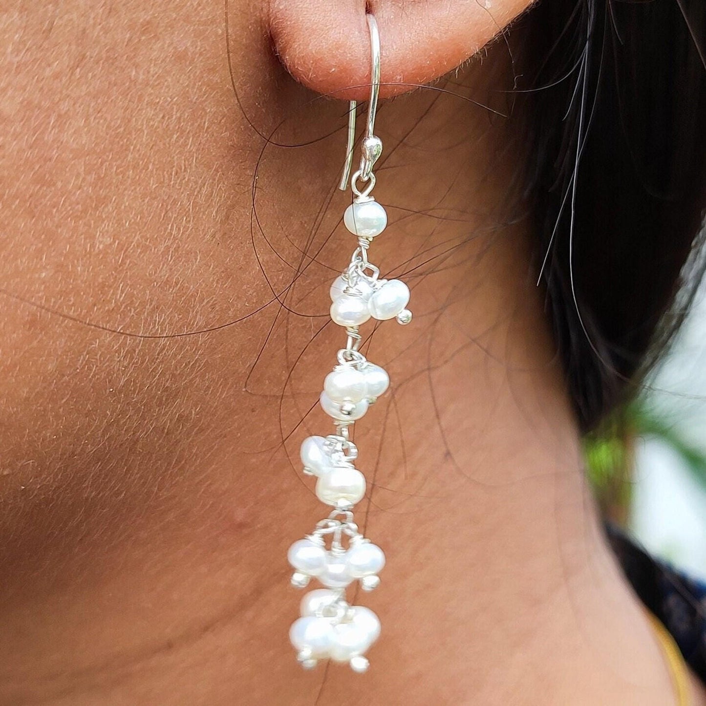 Pearl Earrings, 925 Sterling Silver Dangle Drop Earrings, Freshwater Pearl Beads Handmade Jewelry, June Birthstone, Elegant Gift for Her