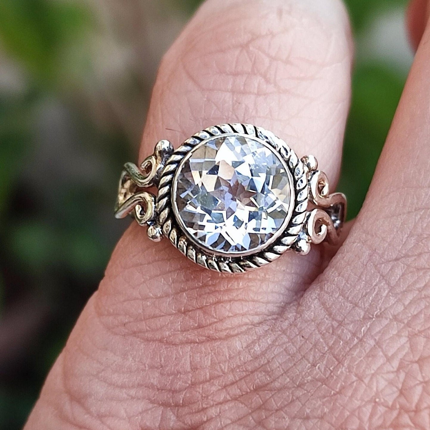 White Topaz Ring, 925 Sterling Silver Handmade Promise Ring, Natural Clear Topaz Round Gemstone Boho Jewelry, April Birthstone, Gift for Her