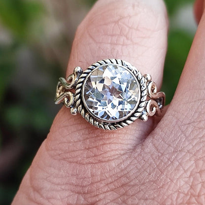 White Topaz Ring, 925 Sterling Silver Handmade Promise Ring, Natural Clear Topaz Round Gemstone Boho Jewelry, April Birthstone, Gift for Her