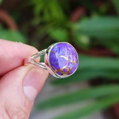 Purple Turquoise Ring, 925 Sterling Silver Handmade Promise Ring, Natural Purple Copper Turquoise Round Gemstone Boho Jewelry, Gift for Her