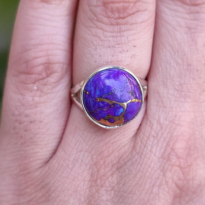 Purple Turquoise Ring, 925 Sterling Silver Handmade Promise Ring, Natural Purple Copper Turquoise Round Gemstone Boho Jewelry, Gift for Her