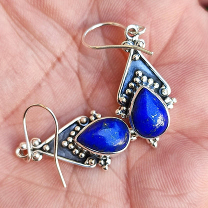 Lapis Lazuli Earrings, 925 Sterling Silver Dangle Earrings, Natural Lapis Gemstone Handmade Boho Jewelry, September Birthstone, Gift for her