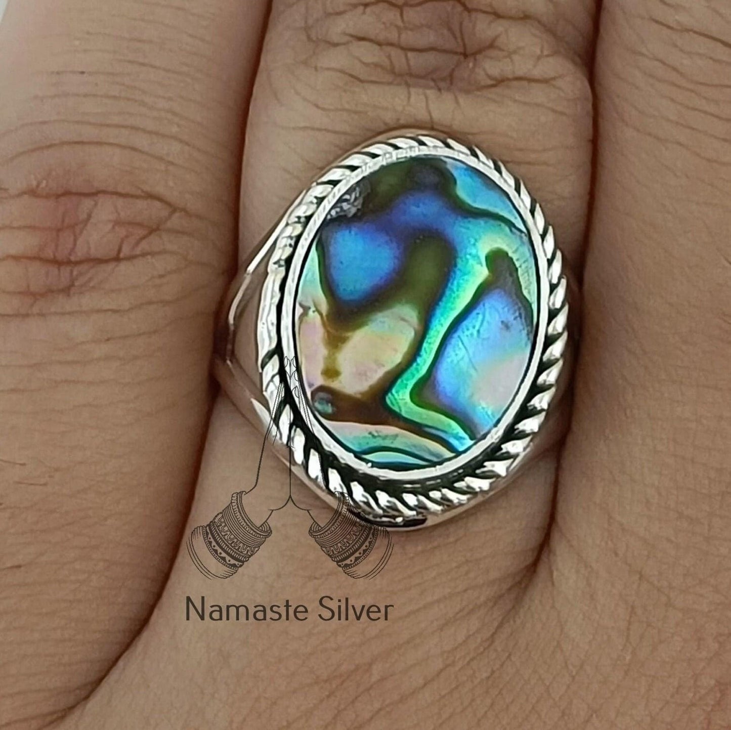 Abalone Shell Ring, 925 Sterling Silver Statement Promise Ring, Natural Blue Paua Shell Oval Handmade Boho Jewelry, Colorful Gift for Her