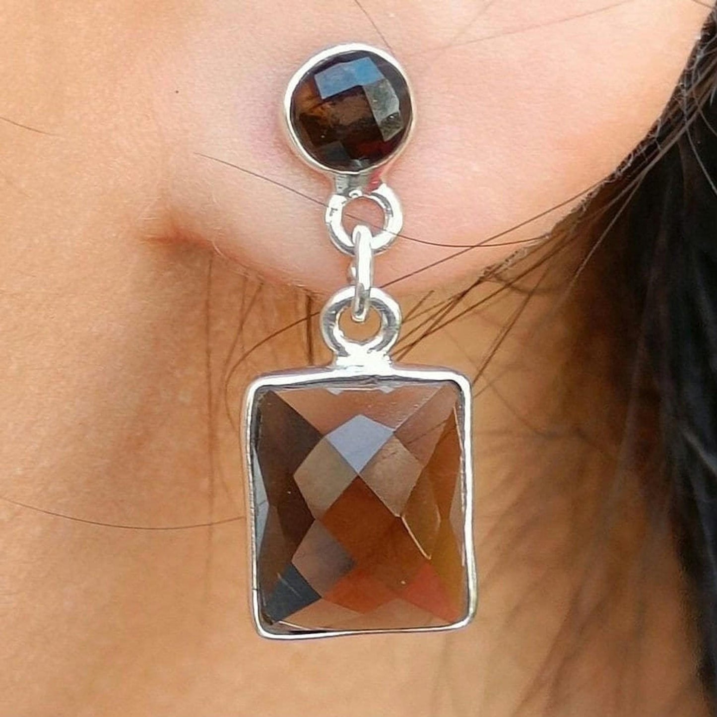 Smoky Quartz Dangle Earrings, 925 Sterling Silver Handmade Earrings, Natural Smoky Quartz Cushion Jewelry, November Birthstone, Gift for Her
