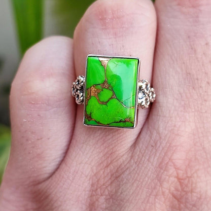Green Turquoise Ring, 925 Sterling Silver Handmade Statement Ring, Green Copper Turquoise Gemstone Cushion Jewelry, Gift for Her Birthday