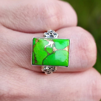 Green Turquoise Ring, 925 Sterling Silver Handmade Statement Ring, Green Copper Turquoise Gemstone Cushion Jewelry, Gift for Her Birthday