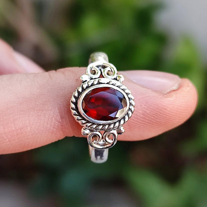 Garnet Ring, 925 Sterling Silver Statement Promise Ring, Natural Garnet Oval Gemstone Handmade Boho Jewelry, January Birthstone Gift for Her