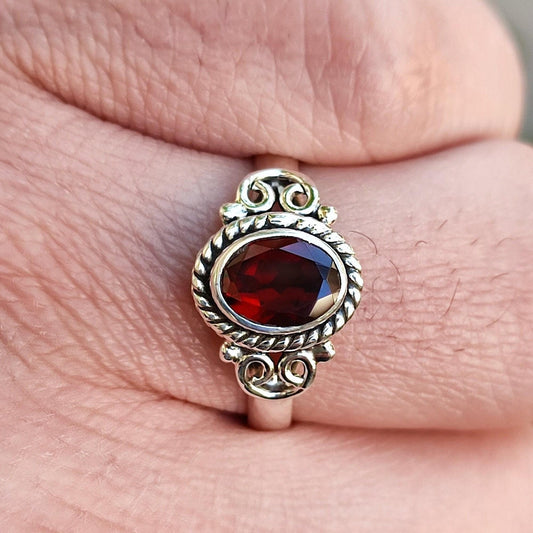 Garnet Ring, 925 Sterling Silver Statement Promise Ring, Natural Garnet Oval Gemstone Handmade Boho Jewelry, January Birthstone Gift for Her