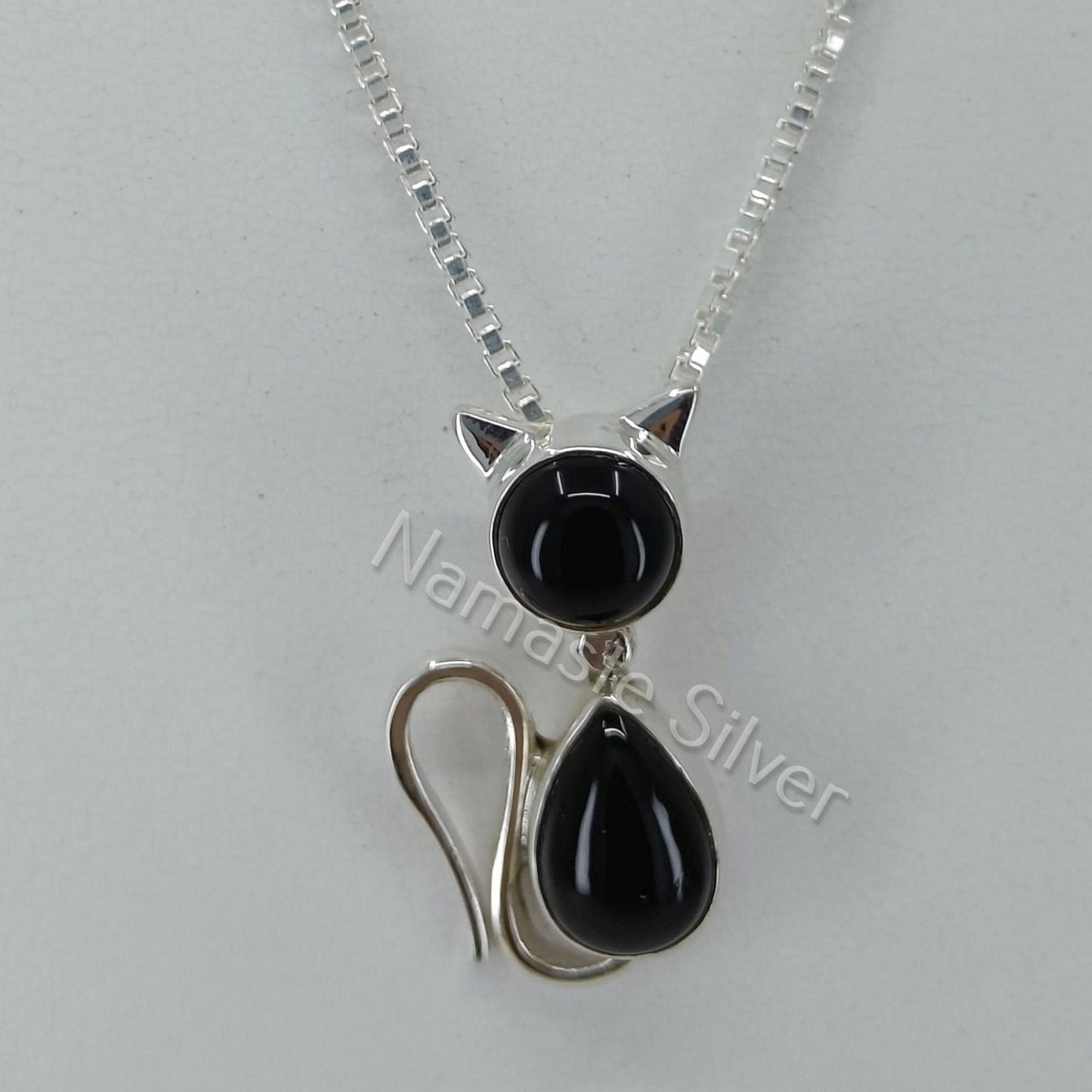 Black Onyx Cat Necklace, 925 Sterling Silver Pendant Chain, Natural Onyx Gemstone locket Handmade Jewelry, July Birthstone, Gift for Her
