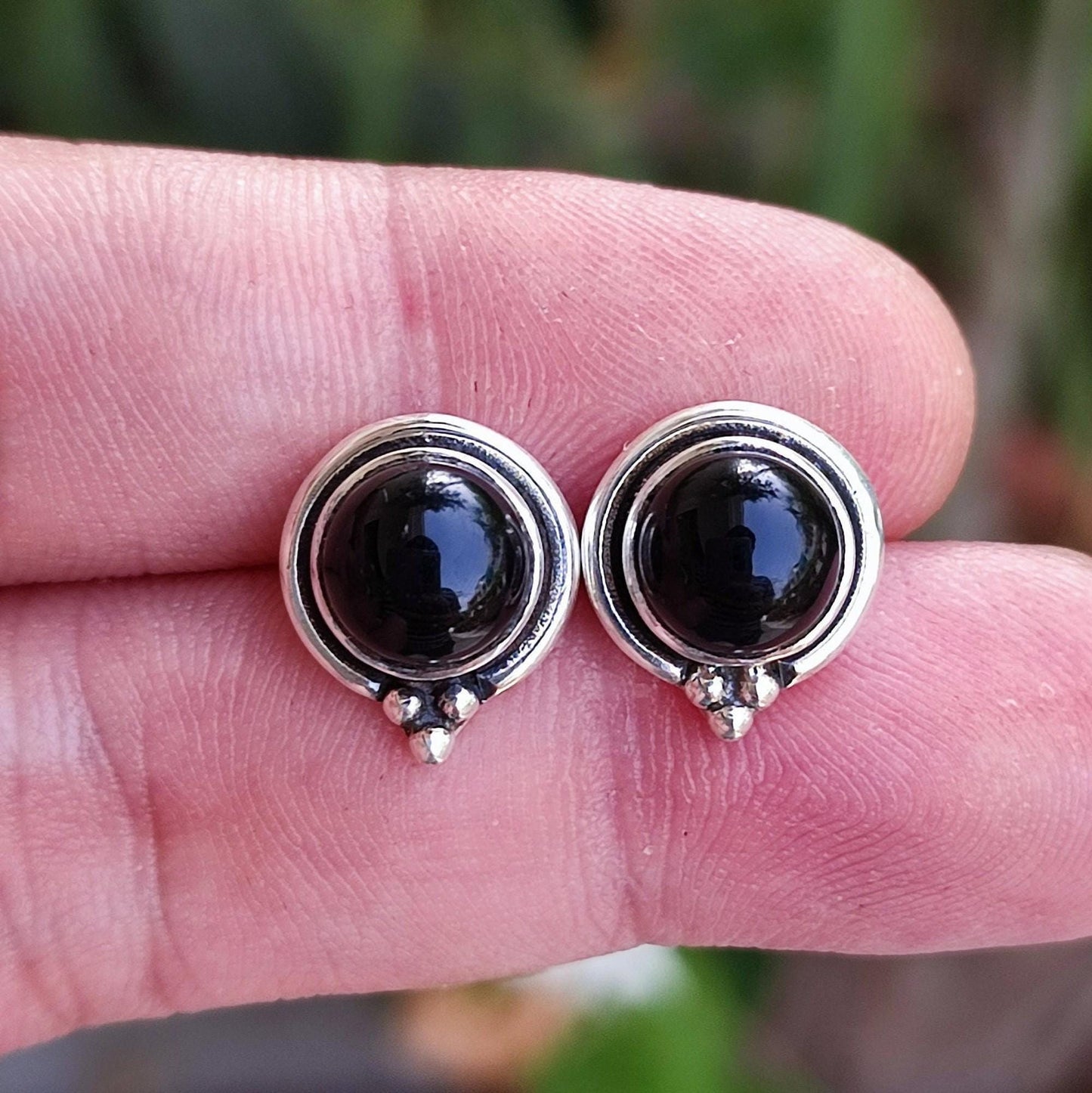 Black Onyx Earrings, 925 Sterling Silver Stud Posts, Natural Black Onyx Round Gemstone Handmade Boho Jewelry, July Birthstone, Gift for Her