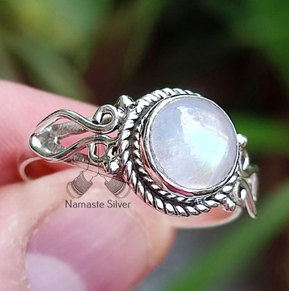 Rainbow Moonstone Ring, Sterling Silver Rings for Women, June Birthstone, Natural Moonstone Round Gemstone Handmade Jewelry, Gift for her