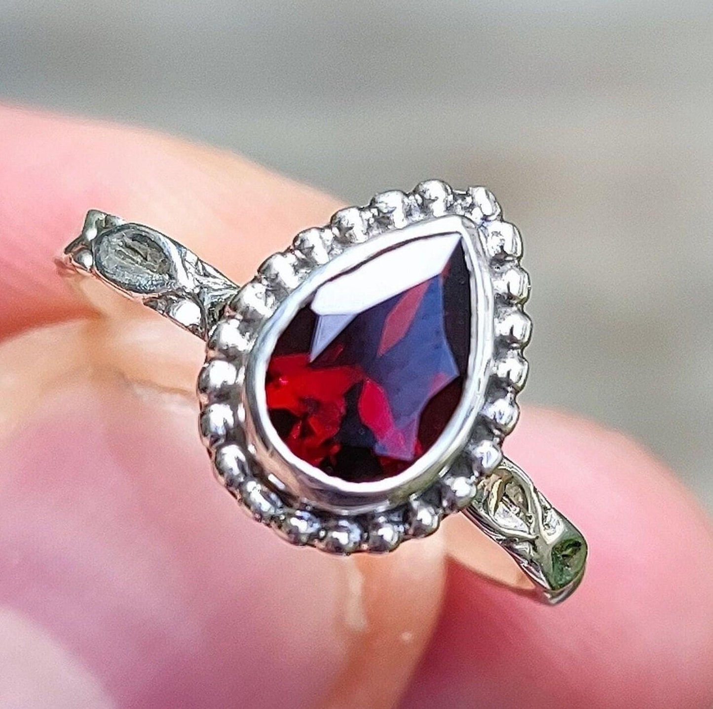 Garnet Ring, 925 Sterling Silver Dainty Ring, Natural Garnet Gemstone Pear Shape Handmade Boho Jewelry, January Birthstone, Gift for her