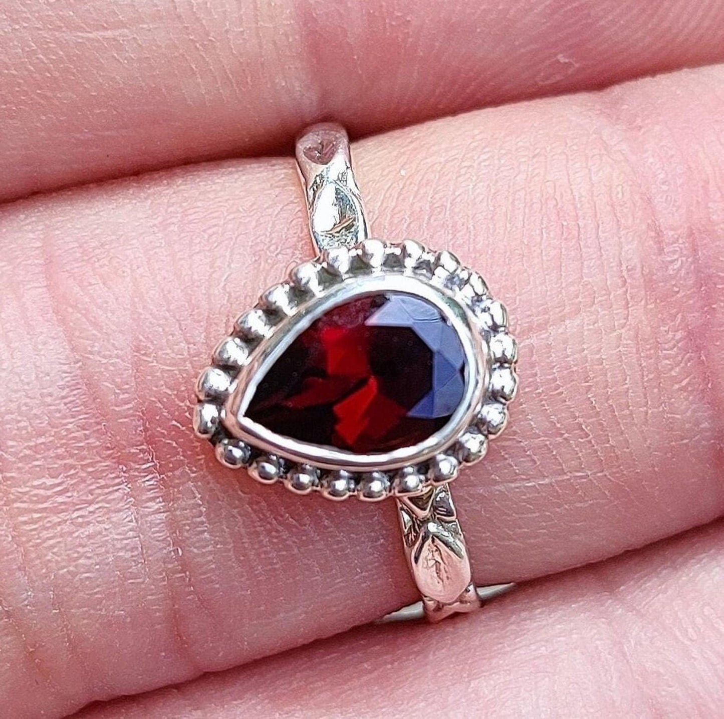 Garnet Ring, 925 Sterling Silver Dainty Ring, Natural Garnet Gemstone Pear Shape Handmade Boho Jewelry, January Birthstone, Gift for her