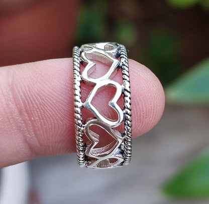 Heart to Heart Ring, 925 Sterling Silver Handmade Promise Ring, Heart shape Minimalist Jewelry, Connected Heart Ring Band, Gift for Her